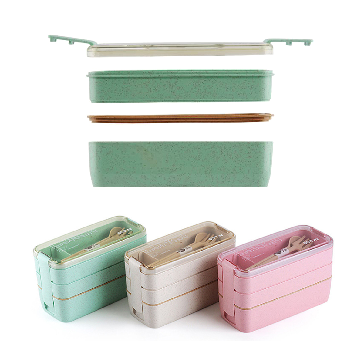 3-Tier Wheat Bento Lunch Box with Cutlery